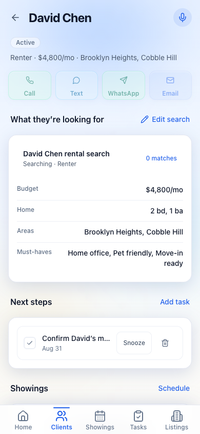 GridCRM mobile client detail showing rental criteria, must-haves, and the next task