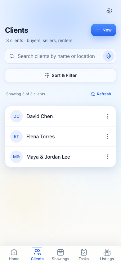 GridCRM mobile clients list with search, sorting, and client cards