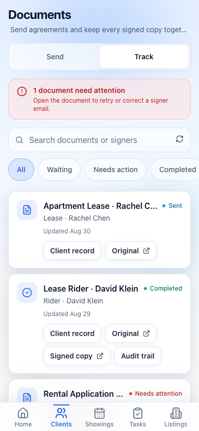 GridCRM mobile Documents screen tracking sent, completed, and needs-attention agreements