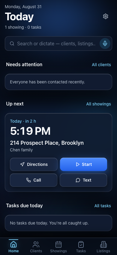 GridCRM mobile home showing needs-attention items, today's next appointment, and due tasks