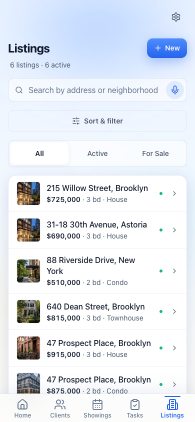 GridCRM mobile listing inventory with property photos, prices, bedrooms, and availability