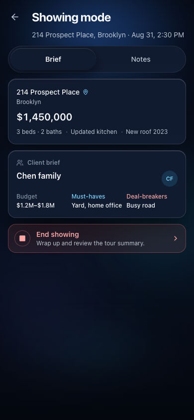GridCRM showing mode with the property brief, client criteria, Notes tab, and end-showing review action